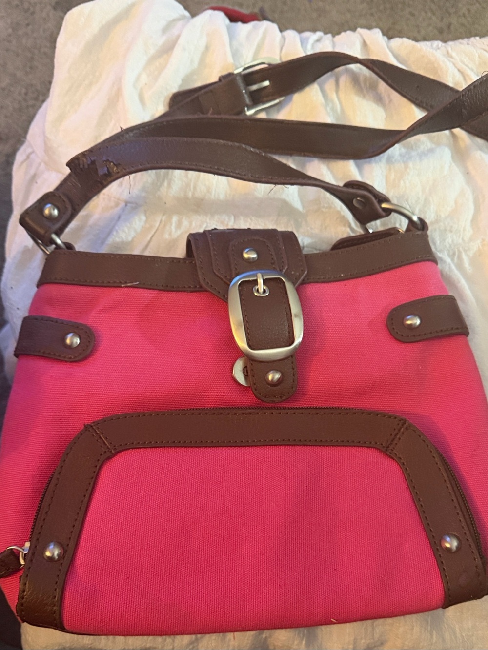 Bright Pink Canvas Crossbody Bag with Brown Trim